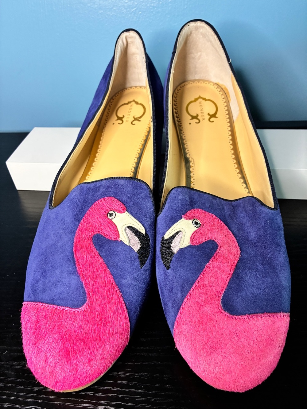 C. Wonder Purple Suede Flats with Pink Flamingo Motifs
